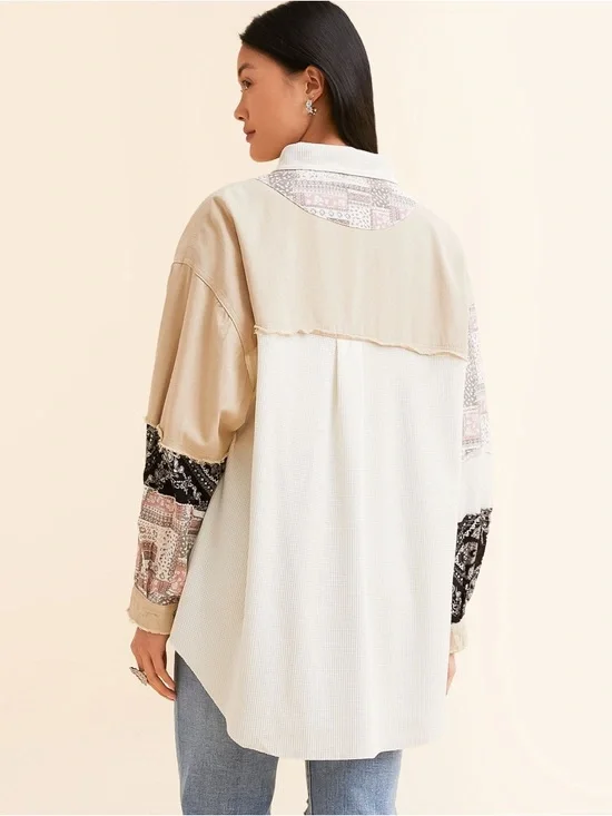 POL Patchwork Down Shirt Jacket - Beige, Cream, Black - Picture 6 of 6